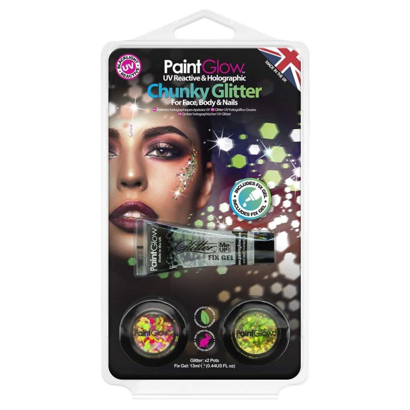 PaintGlow UV Reactive & Holographic Chunky Glitter für Gesicht, Körper & Nägel | UV-reaktiivinen ja holografinen paksu glitter kasvoille, vartalolle ja kynsille - carnivalstore.de
