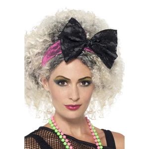 Damen 80er Jahre Spitzen-Stirnband | 80s Lace Headband Schwarz Pink - carnivalstore.de