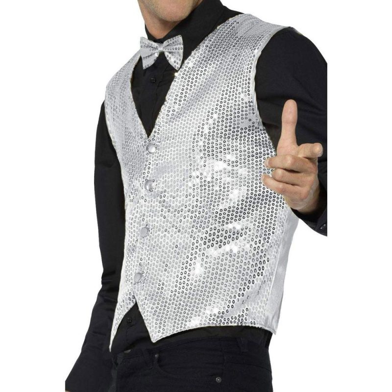 Herren Pailletten Weste Silber | Sequin Waistcoat Sëlwer - carnivalstore.de