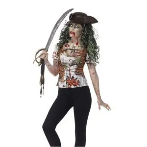 Damen Zombie Piraten Huren T-skjorte | Zombie Pirate Wench T-skjorte Grønn - carnivalstore.de