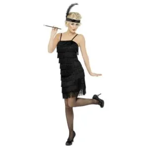 20er Charlene Flapper Girl Kostüm | Costume Flapper à franges de luxe Robe noire - carnivalstore.de