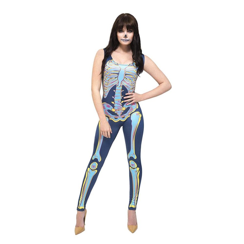 Damen Sexy Skelett Kostüm | Sexy Skeleton Costume Blue With Bodysuit - carnivalstore.de