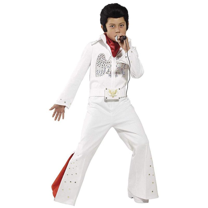 Elvis Kostüm Weiß mit Overall und Schal | Elvis Kostym Vit Med Jumpsuit Scarf - carnivalstore.de