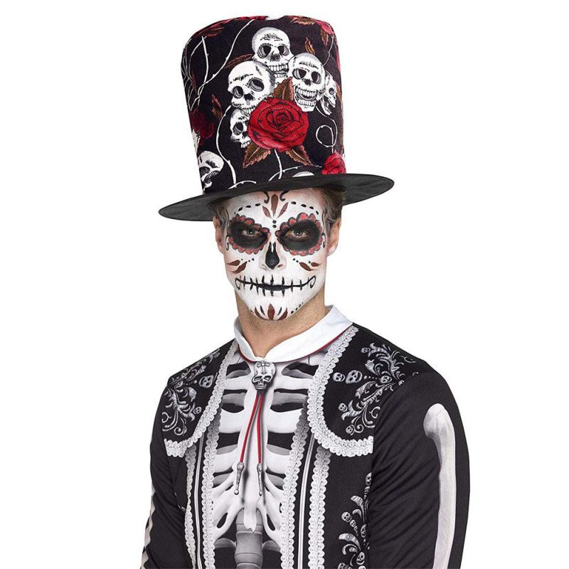 Tag de Toten Totenkopf et Rose Top Hat | Chapeau haut de forme tête de mort et rose - Carnivalstore.de