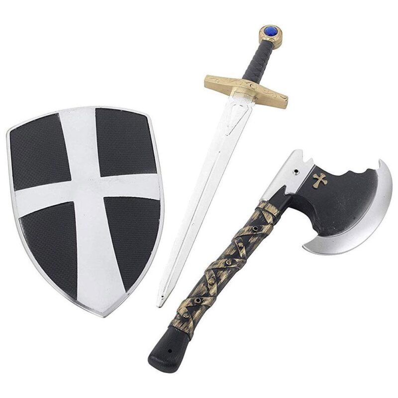 3-teiliges Kreuzritter Set, Schild, Schwert und Axt | 3 Stéck Crusader Set Wäiss Mat Schëld Schwert - carnivalstore.de