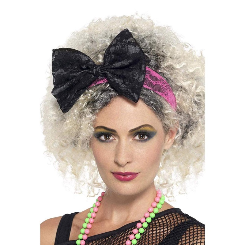 Damen 80er Jahre Spitzen-Stirnband | 80s Lace Headband Schwarz Pink - carnivalstore.de