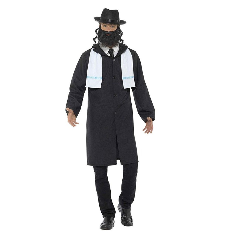 Herren Rabbiner Kostüm | Rabbi Kostüm schwarz mit Jacke Schal Mütze - carnivalstore.de