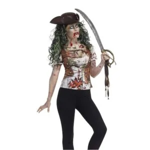 Damen Zombie Piraten Huren T-shirt | Zombie Pirate Wench T-shirt Grön - carnivalstore.de