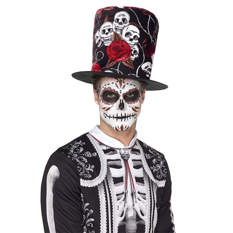 Tag de Toten Totenkopf et Rose Top Hat | Chapeau haut de forme tête de mort et rose - Carnivalstore.de