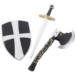 3-teiliges Kreuzritter Set, Schild, Schwert und Axt | 3 Piece Crusader Set White With Shield Sword - carnivalstore.de