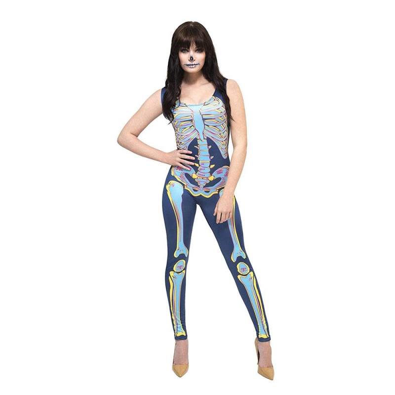 Damen Sexy Skelett Kostüm | Costume da scheletro sexy blu con body - carnivalstore.de