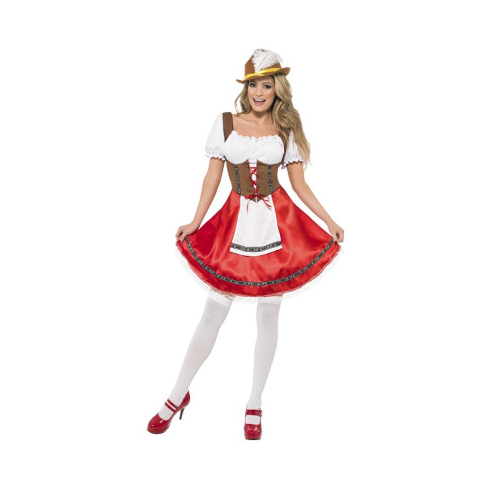 Bavarian Wench Costume, White & Red, Dress with Attached Apron - carnivalstore.de