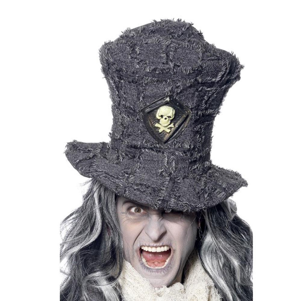 Totengräber Hut mit Totenkopf Emblem Grau | Gravedigger Top Hat Grey - carnivalstore.de