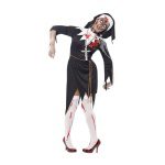 Costume de nonne zombie, noir, robe avec plaie en latex, ceinture en corde et casque - carnivalstore.de