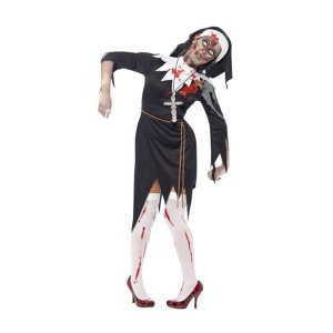 Fantasia de freira de zumbi, preto, vestido com ferida de látex, cinto de corda e capacete - carnavalstore.de