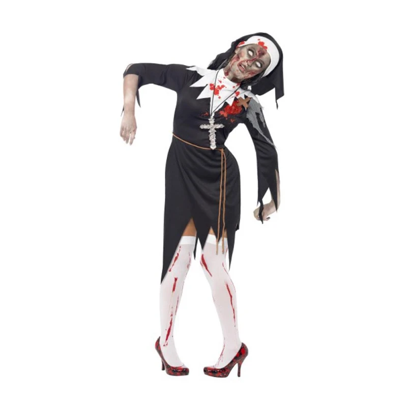 Costum de călugăriță zombie, negru, rochie cu rană din latex, centură de frânghie și căciulă - carnivalstore.de