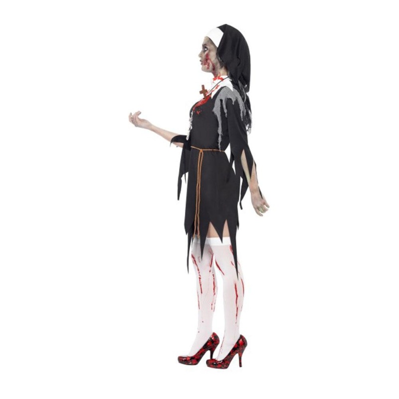 Zombie Nun Costume, Black, Dress With Latex Wound, Rope Belt and Headpiece - carnivalstore.de