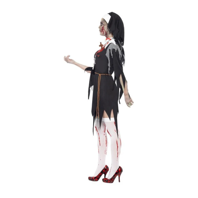 Zombie Nonne Kostüm, schwarz, Kleid mit Latexwunde, Kordelgürtel und Kopfbedeckung - carnivalstore.de