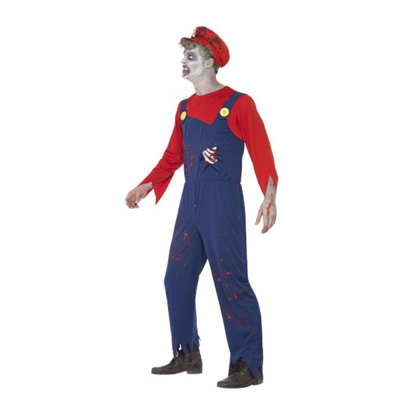 Costume de plombier zombie, rouge, avec haut, salopette avec cage thoracique en latex et chapeau - carnivalstore.de