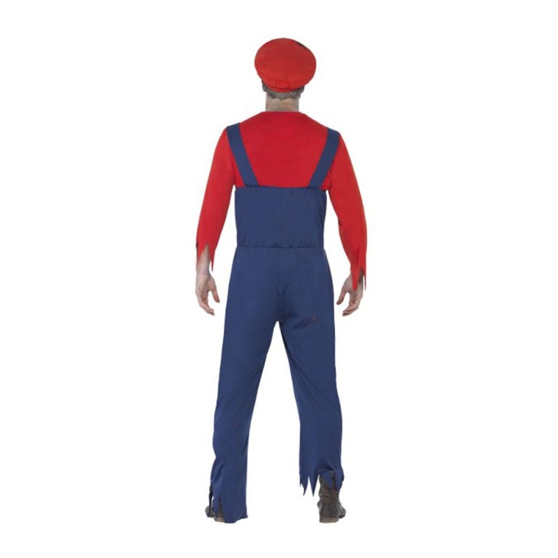 Zombie Plumber Costume, Red, with Top, Dungarees with Latex Ribcage and Hat - carnivalstore.de