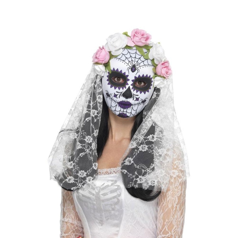 Damen Tag der Toten Braut Gesichtsmaske mit Rosen und Schleier | Day of the Dead Bride Mask, Full Face - carnivalstore.de
