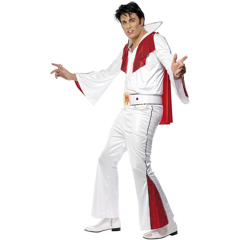 Mens 1950 60s 70s King Of Rock N Roll White Jumpsuit Costume Fancy Dress Presley