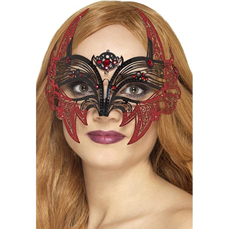 Metalowa Filigranowa Diabelska Maska na Oczy Czarno Czerwona