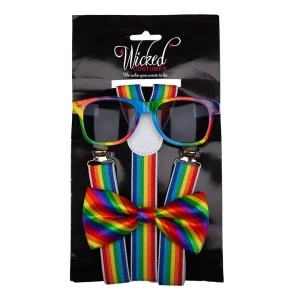 Regenbogen-Brillen-Fliege-Hosenträger-Set