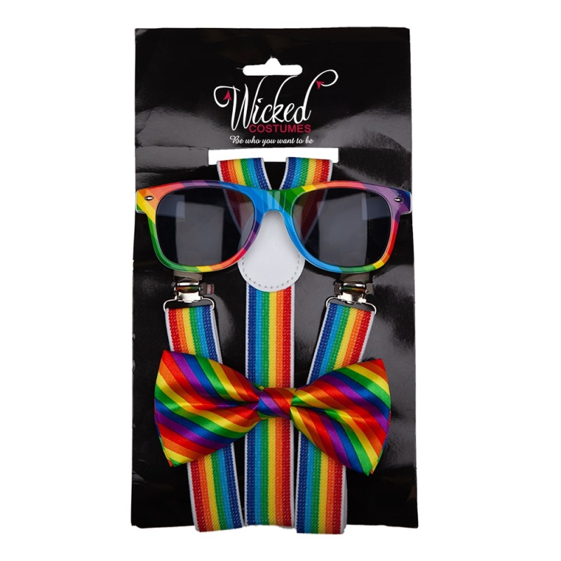 Rainbow Glasses Bowtie Suspenders rinkinys