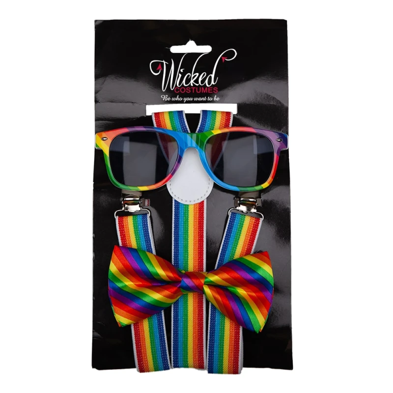 Rainbow Glasses Bowtie Suspenders rinkinys